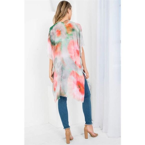Pink Green Sunburst Print Tie Dye Open Front Kimono - Picture 6 of 6